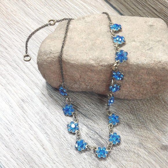 Flower Necklace Blue Stone Flowers Pendant Vintage Boho Jewelry Trinket Gift - Picture 3 of 8
